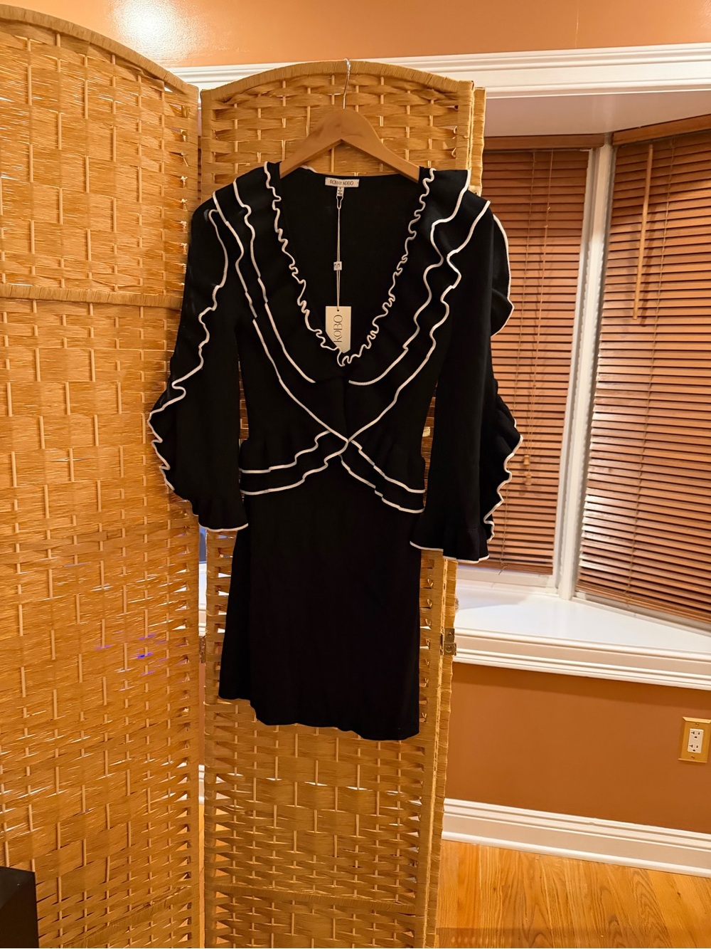 Ronny Kobo Collection Black Dress with White Ruffle Trim
